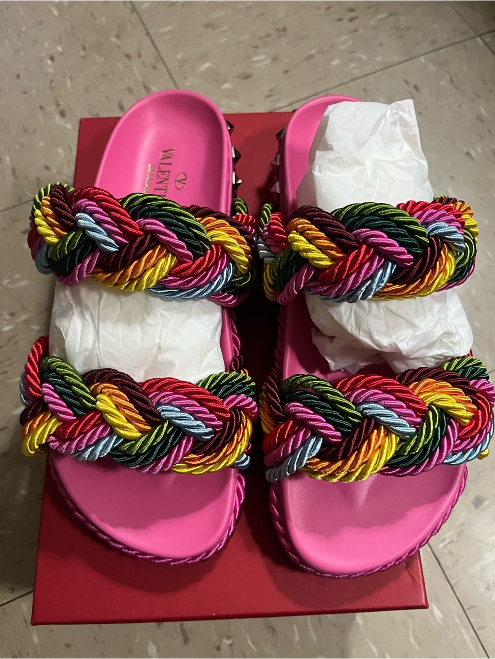 Valentino Pink Multicolor Braided Rope Slide Sandals